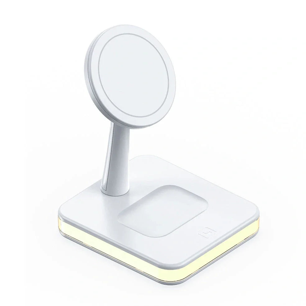Black three-in-one wireless charger magnetic bracket on a desk charging multiple devices