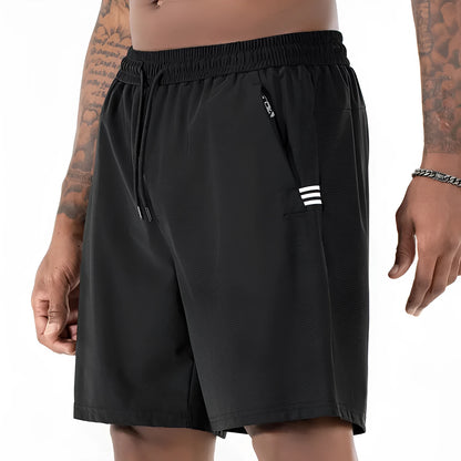 Men's black ice silk quick-drying sports shorts with drawstring waist on a mannequin.