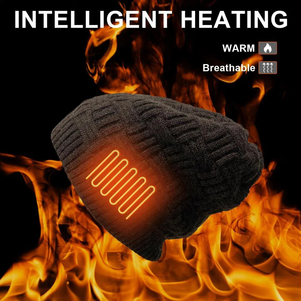 USB rechargeable heated fleece hat with adjustable temperature settings for outdoor activities like hiking, climbing, and fishing