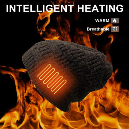 USB rechargeable heated fleece hat with adjustable temperature settings for outdoor activities like hiking, climbing, and fishing
