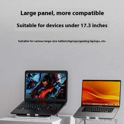 Silver aluminium alloy folding laptop cooling rack on a wooden desk