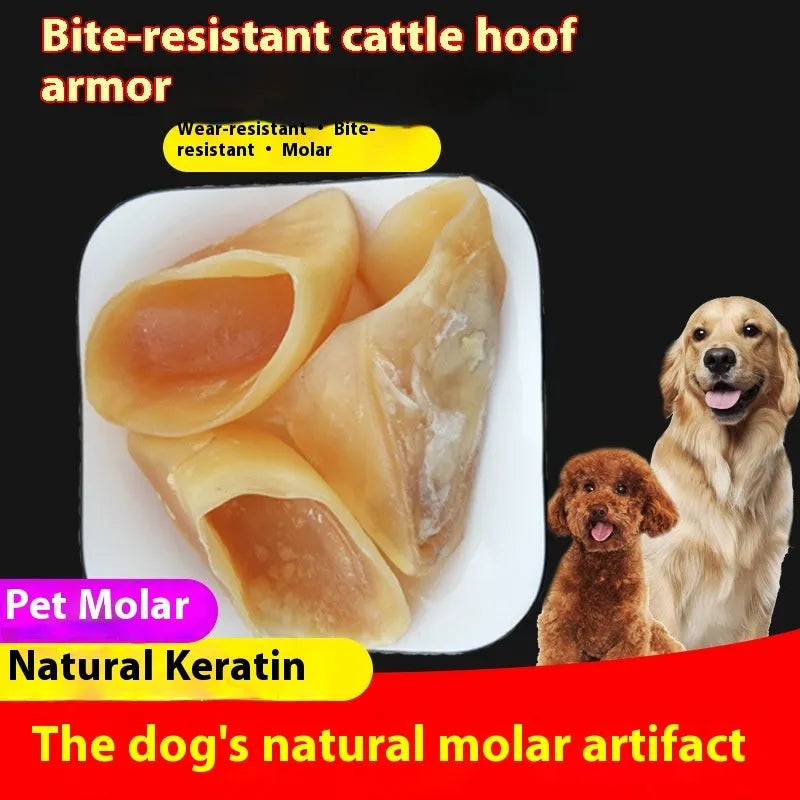 Natural cowhide dog grinding rod with hoof shell colour containing edible cutin, shown in small and large size options
