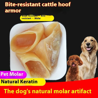 Natural cowhide dog grinding rod with hoof shell colour containing edible cutin, shown in small and large size options