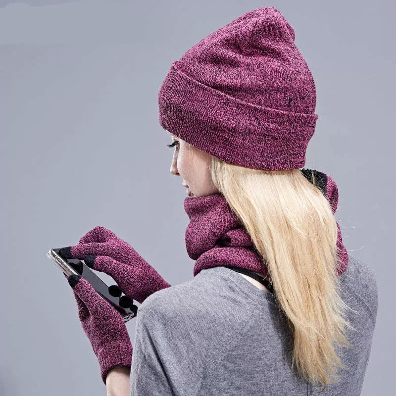Wool touch screen gloves with scarf and hat set for cold weather