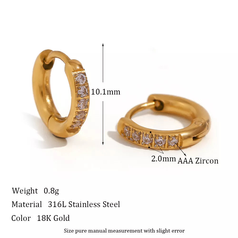 Women's titanium steel rounded edge zircon earrings in gold and steel finishes, sizes 10mm to 16mm