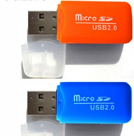 White Mini USB card reader with both a microSD and an SD card inserted into its dual slots.