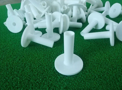Premium white golf tees with adjustable heights ranging from 42mm to 80mm, presented in a 5-piece set for convenient use on the driving range or golf course