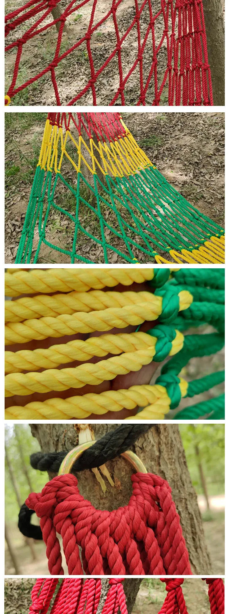 Outdoor nylon rope mesh hammock with tying strap shown in use