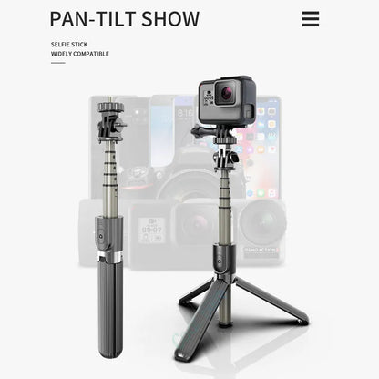 Black aluminium tripod selfie stick extended with iPhone attached showing length adjustment from 186mm to 700mm