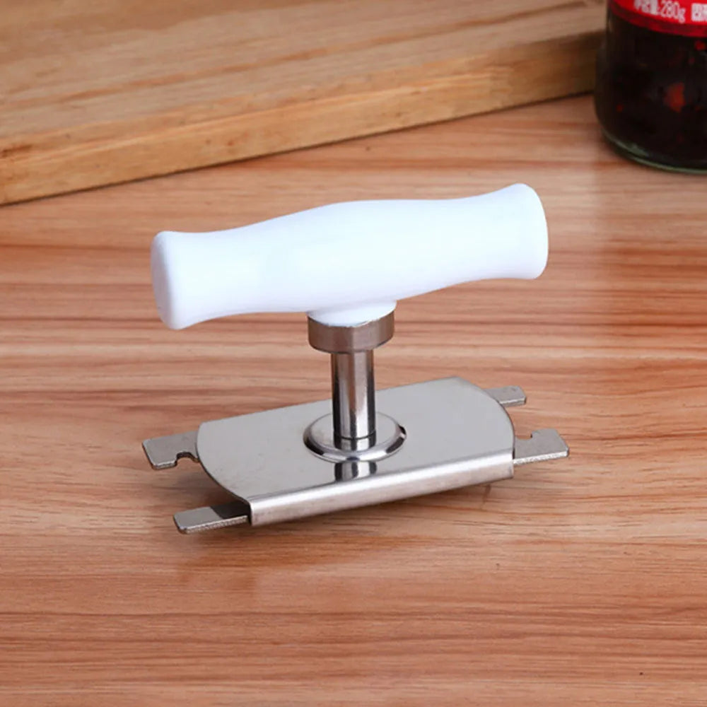 White stainless steel adjustable manual bottle opener with ABS handle on a plain background