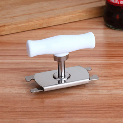 White stainless steel adjustable manual bottle opener with ABS handle on a plain background