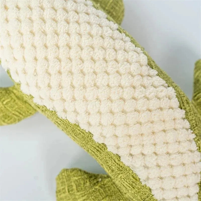 Blue, green, and red corn grid plush pet toy with squeaker for cats and dogs.