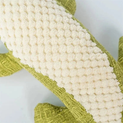 Blue, green, and red corn grid plush pet toy with squeaker for cats and dogs.