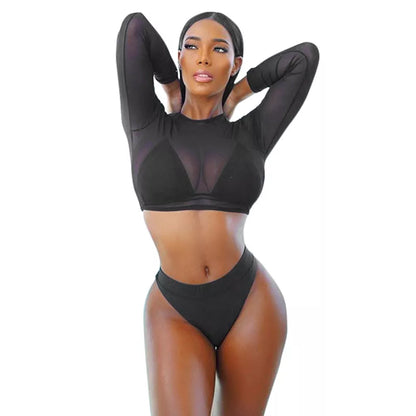 Three-piece solid orange high waist see-through bikini set for women