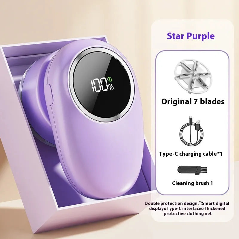 Fur ball trimmer with digital display in beige or purple colours with configurable cutter heads