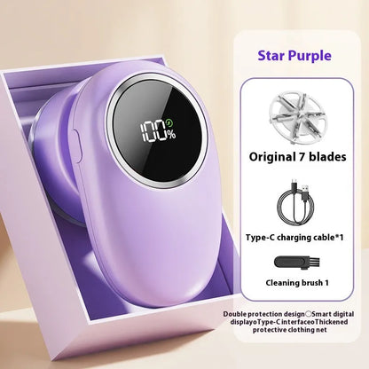 Fur ball trimmer with digital display in beige or purple colours with configurable cutter heads