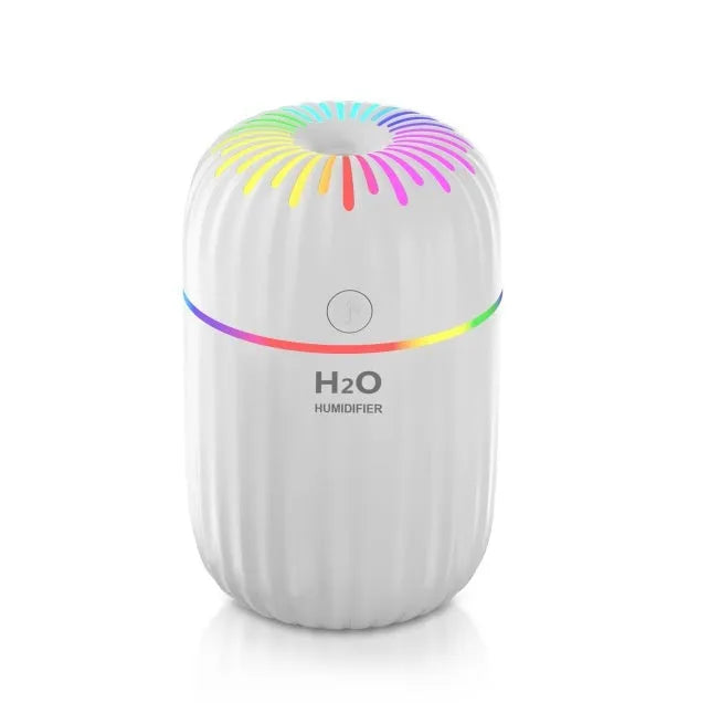 White USB mini humidifier with 300ml tank on desk beside laptop showing compact 75x75x116mm size