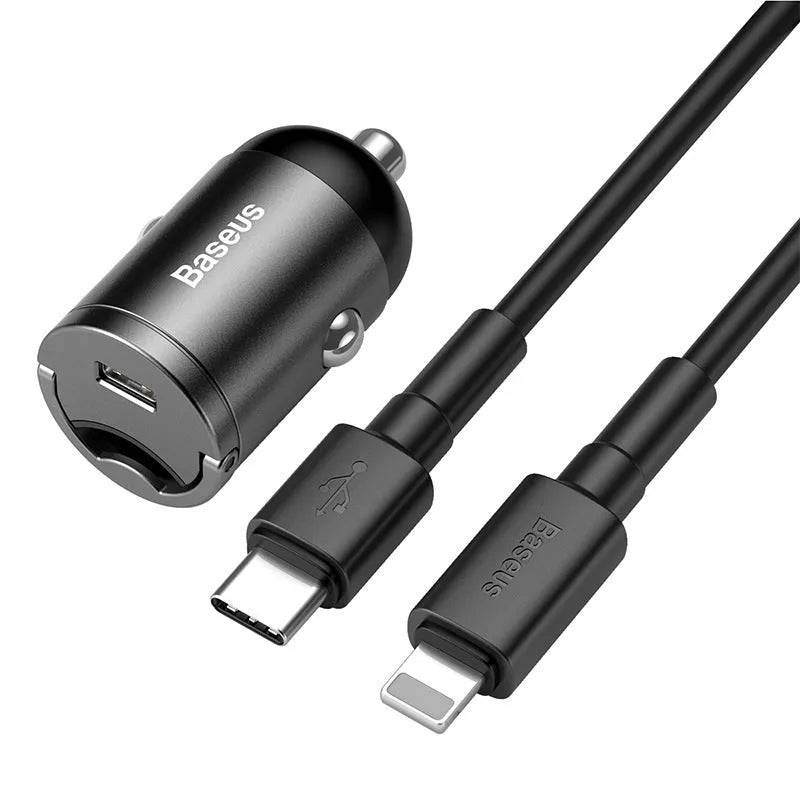 Baseus grey mini car charger with 1-metre cable plugged into vehicle 12V socket