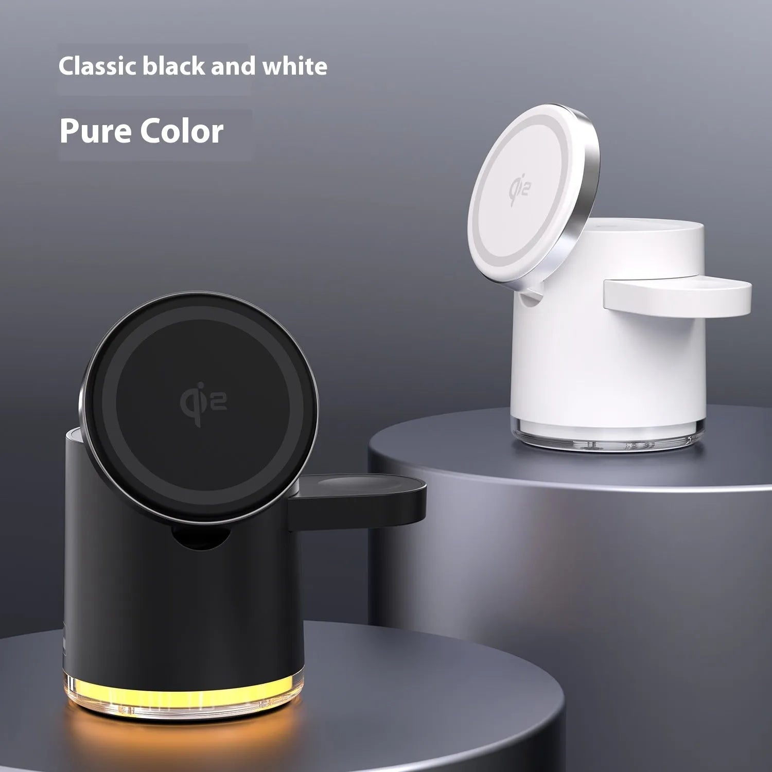 C16 portable magnetic three-in-one wireless folding charger in black and ivory white colours.