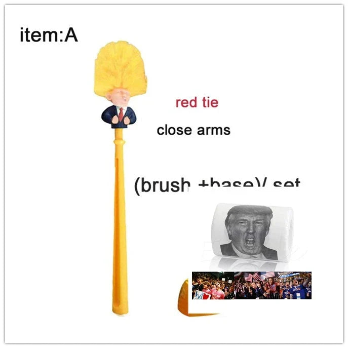 Comical Donald Trump-themed toilet brush made of durable plastic with a bold yellow color and convenient hanging slot