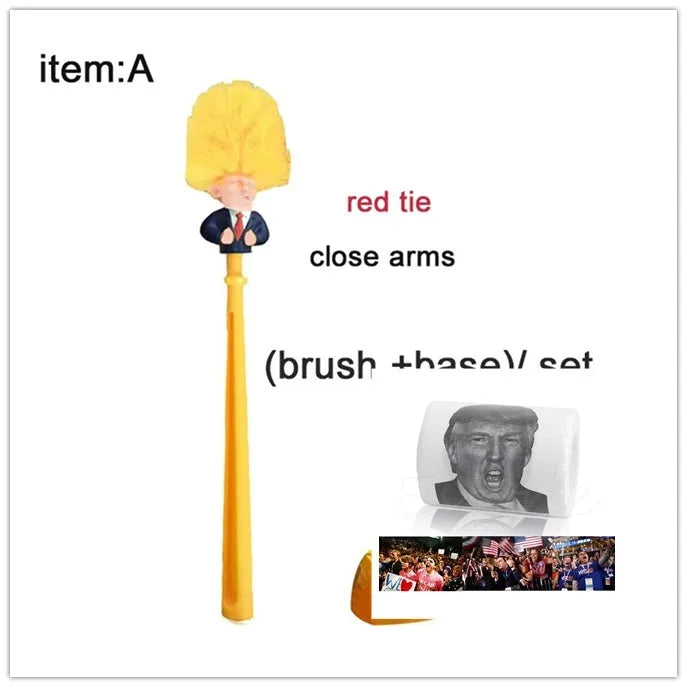 Yellow Donald Trump novelty toilet brush with hanging slot in handle