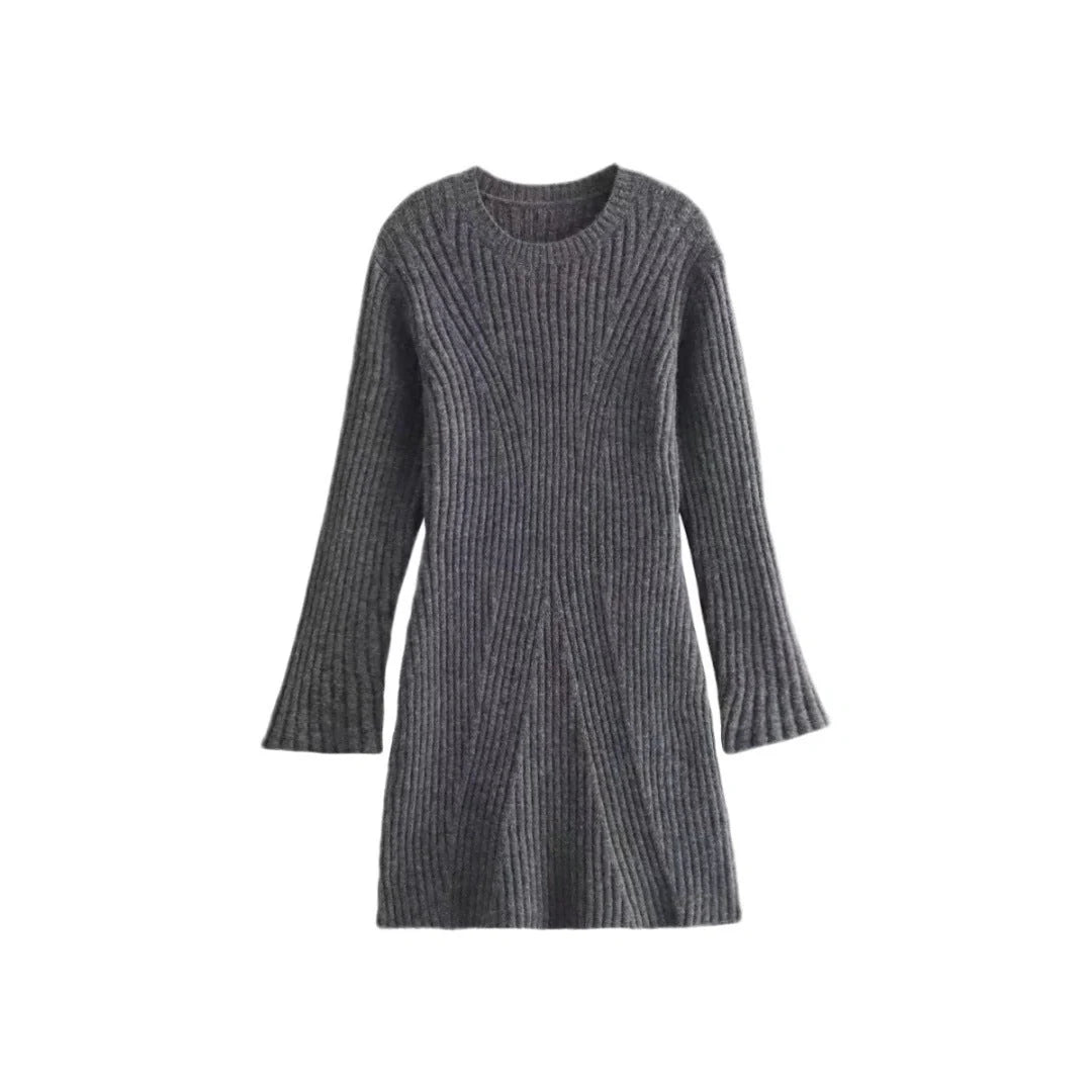 A stylish ribbed knit dress in a variety of classic colors, featuring a slim-fit silhouette and a chic stand-up collar for a flattering, versatile look.