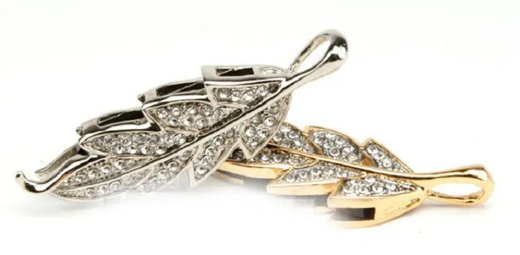 Silver crystal leaf-shaped USB flash drive with metal shell showing decorative design