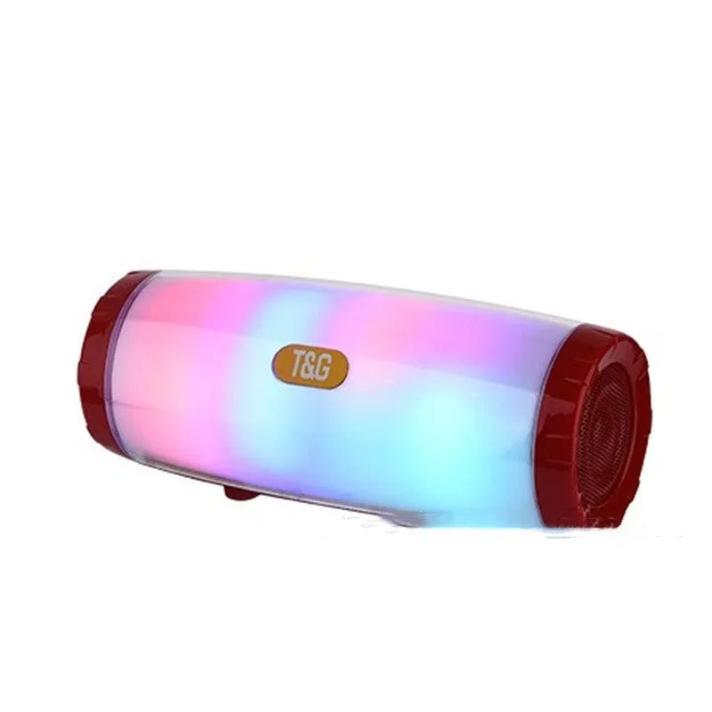 Outdoor portable Bluetooth speaker with coloured LED lights in a PU leather shell, shown in blue.