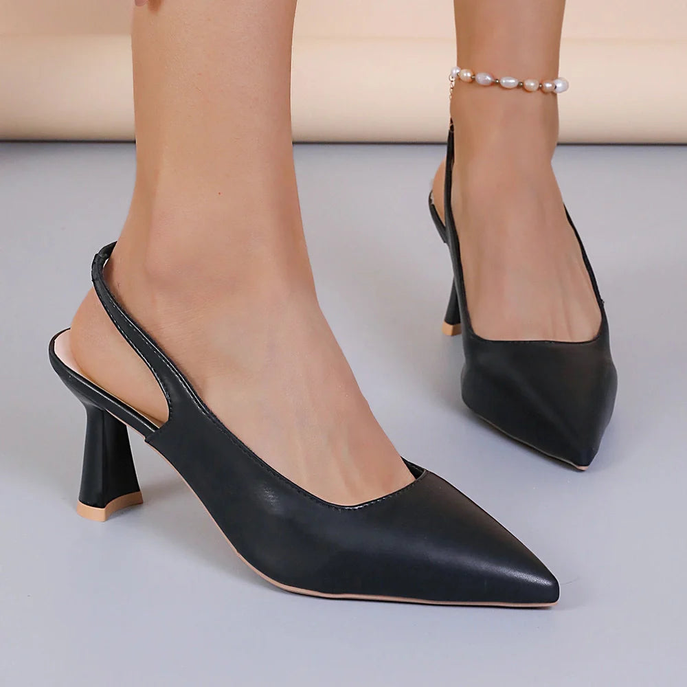 Baotou slingback sandals with pointed toes and elastic band closure in black, creamy-white, or apricot