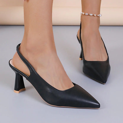 Baotou slingback sandals with pointed toes and elastic band closure in black, creamy-white, or apricot