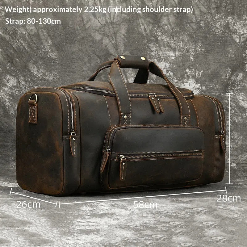 Men's dark brown full-grain leather crossbody handbag, 58cm large capacity, anti-theft, with shoulder strap.