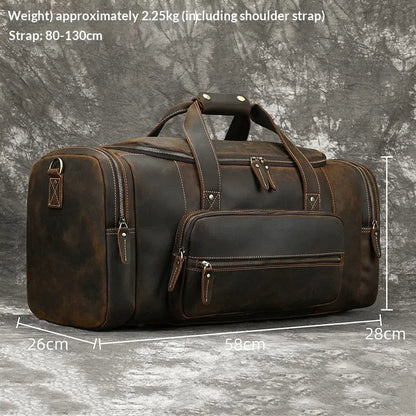 Men's dark brown full-grain leather crossbody handbag, 58cm large capacity, anti-theft, with shoulder strap.