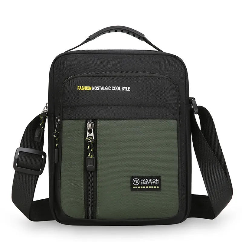 Men's nylon crossbody messenger bag with adjustable strap in green colour