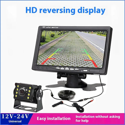 7-inch car monitor and reversing display with camera and video cable, TFT screen, ABS housing, desktop or rearview mirror fitting.
