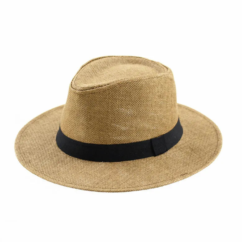 Men's wide brim flat top sun hat in beige colour with a paper fabric construction.