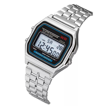 WR F91W Steel Band Electronic Watch with square dial and stainless steel strap