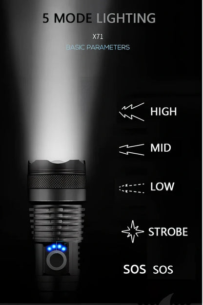 Black aviation aluminium LED torch with telescopic zoom lens showing extended and retracted positions