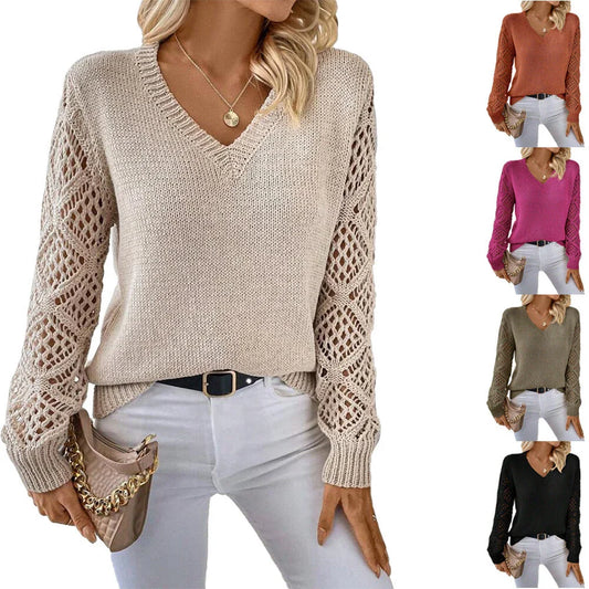 Stylish polyester fiber V-neck pullover sweater with unique hollow sleeve design, available in multiple vibrant colors