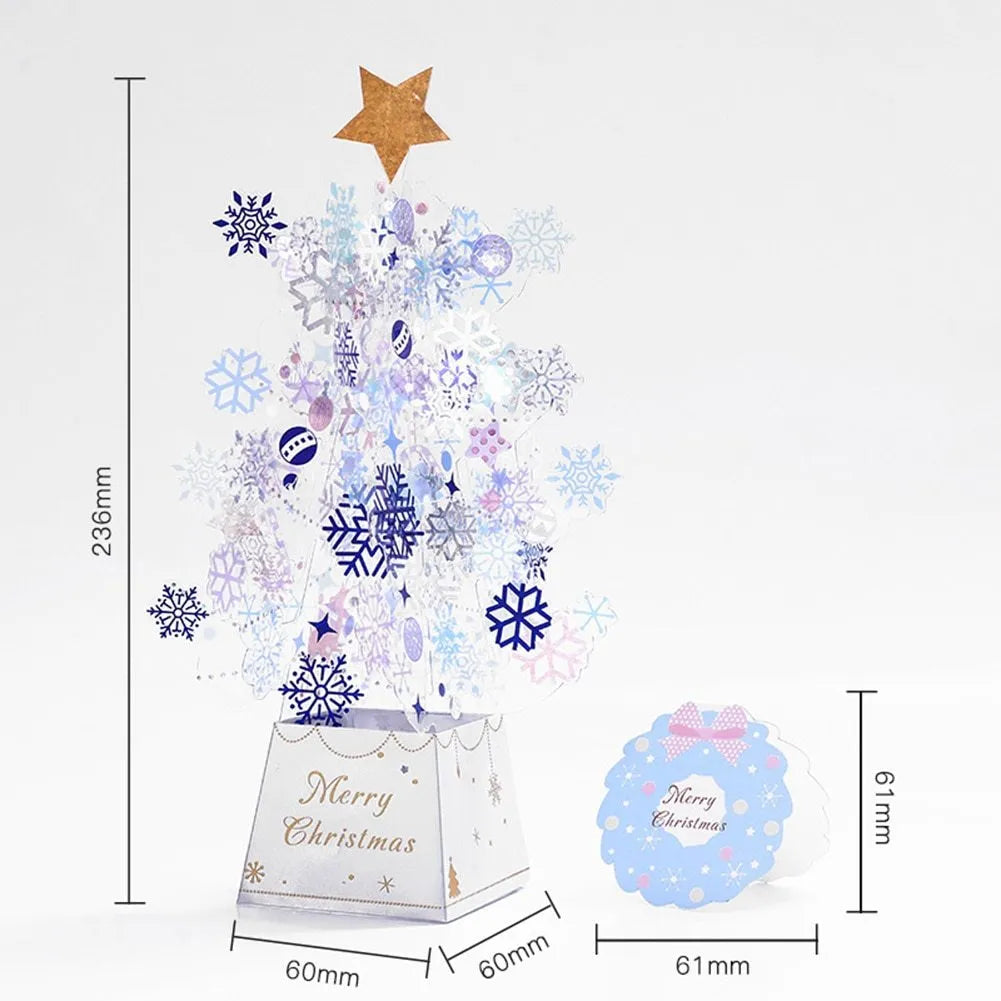 Christmas tree pop-up card in 3D with snowflake sequins and note card, 6x6x24cm paper card in Blue or Pink