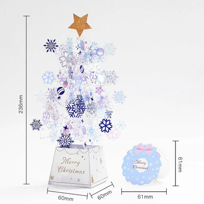 Christmas tree pop-up card in 3D with snowflake sequins and note card, 6x6x24cm paper card in Blue or Pink