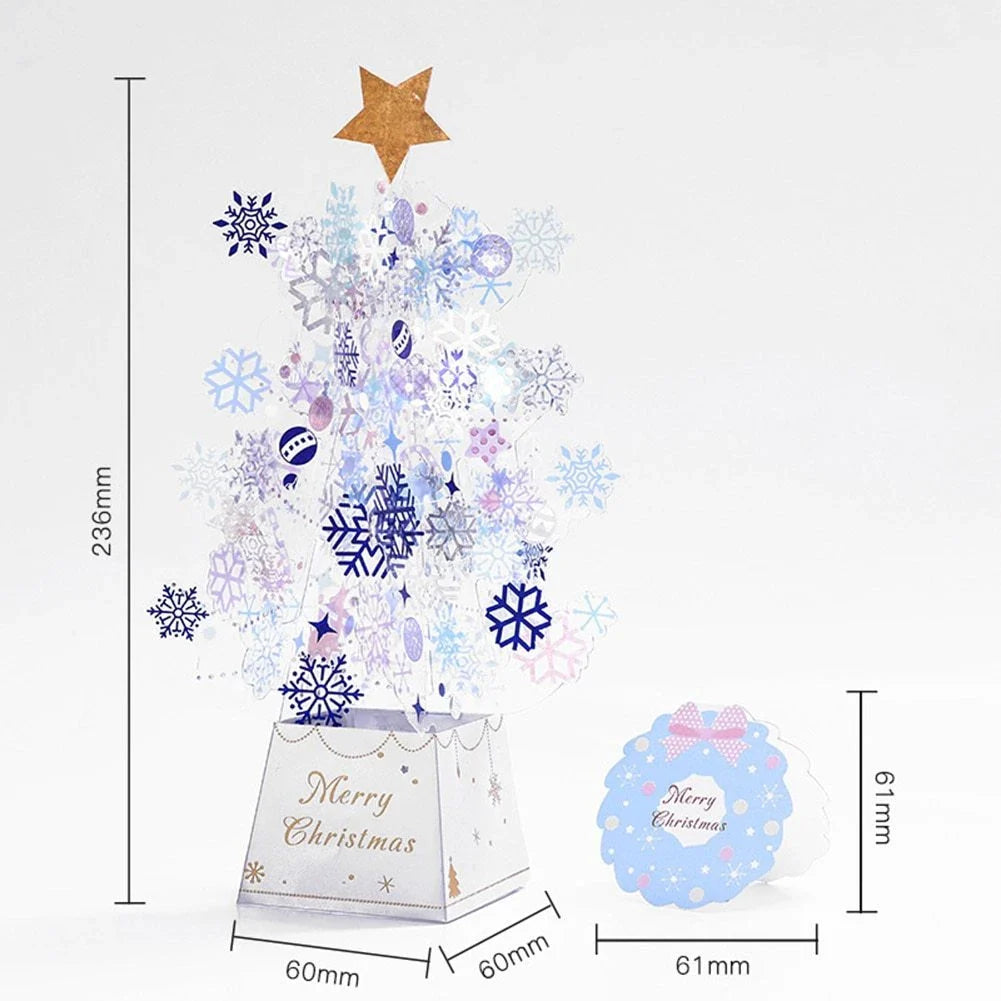Festive 3D Christmas tree pop-up greeting card with sparkling snowflake sequins and a hidden message compartment