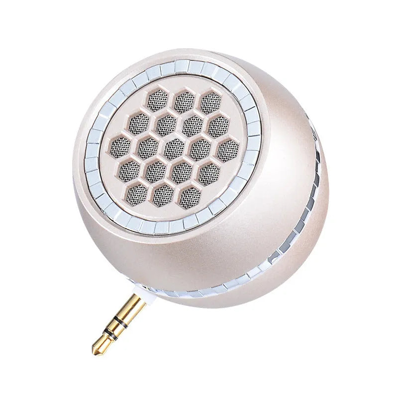 Universal external amplifier speaker in black, rose gold, and local gold colours with 5V power input.