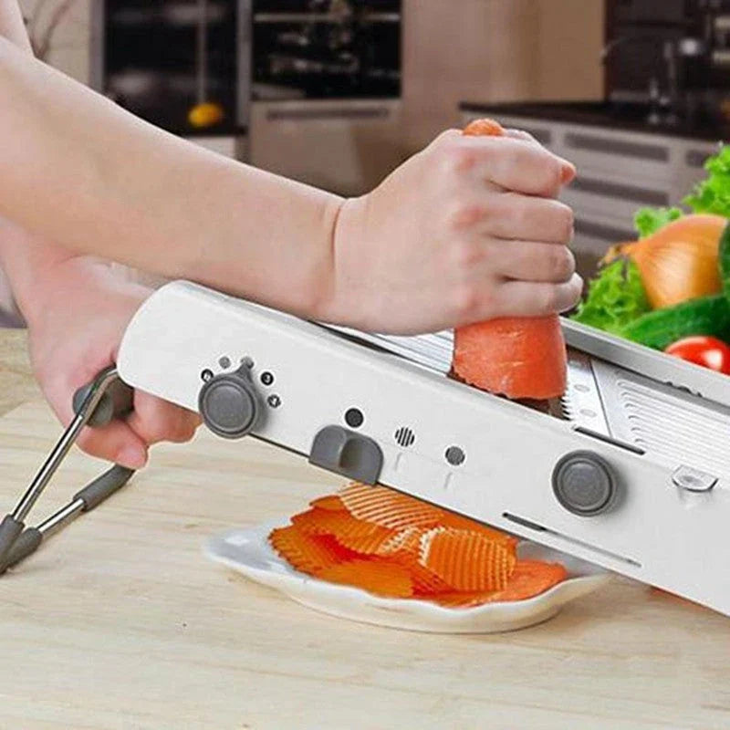 A versatile vegetable chopper with adjustable slicing, shredding, and waffle-cutting blades made of food-grade materials