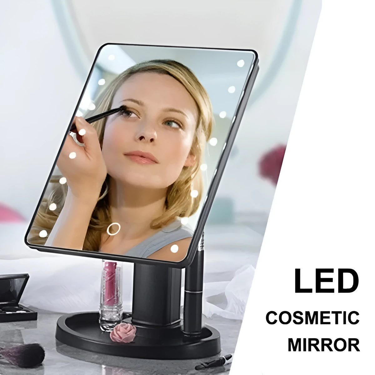 Tabletop cosmetic mirror with 360 degree rotation, touch induction control, 16 or 22 LED lamp beads, 17x22cm, in black, white or pink