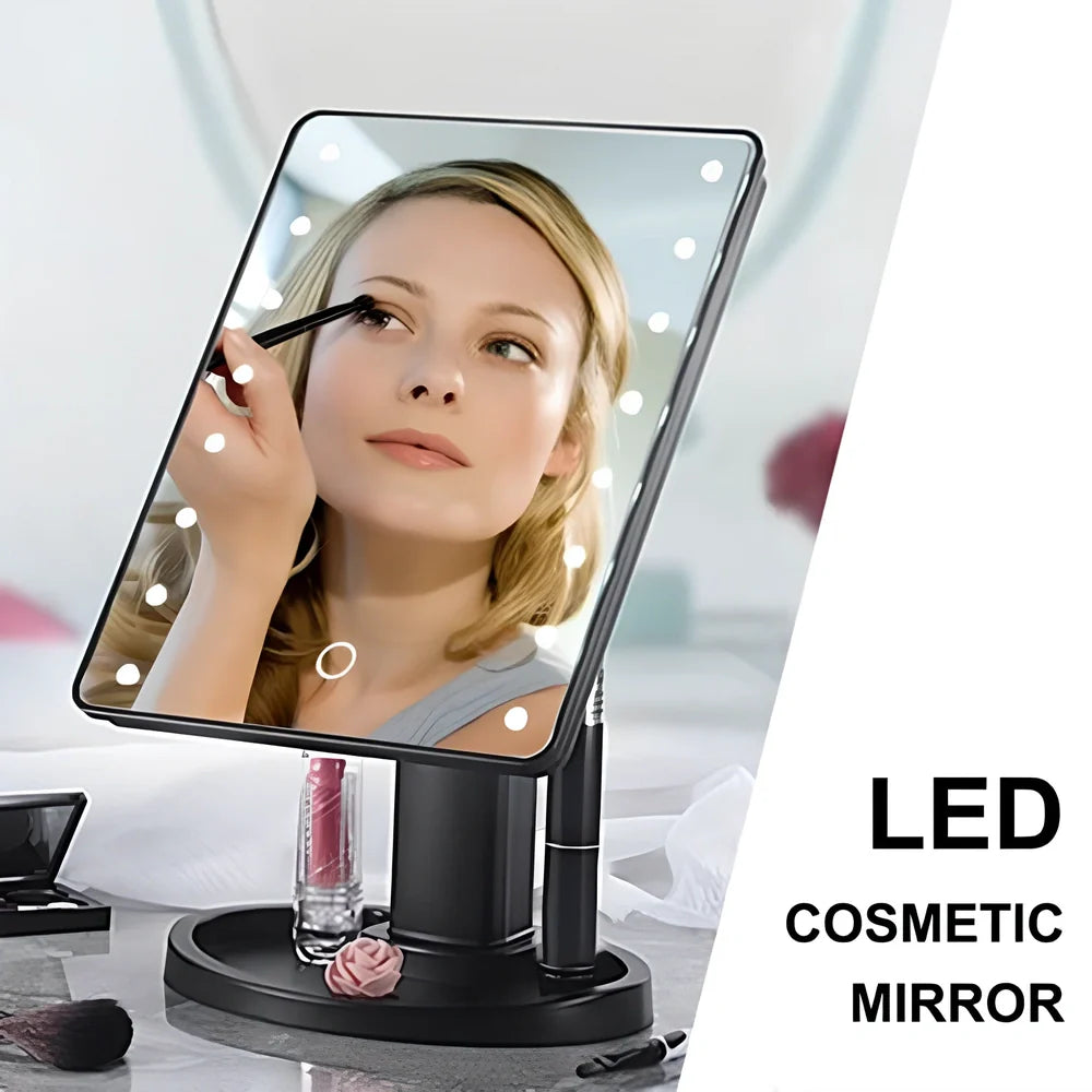 Portable tabletop cosmetic mirror with LED lights around edge, showing 360-degree rotation capability