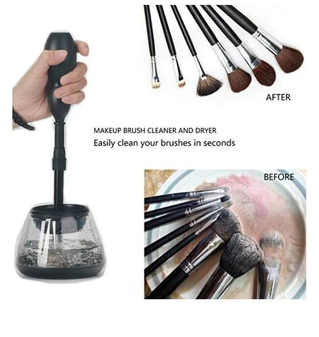 Electric makeup brush cleaner that quickly and thoroughly cleans and dries brushes, keeping them in pristine condition