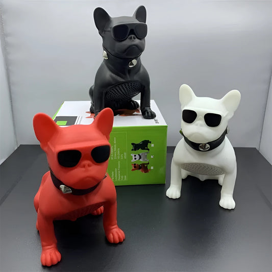Mini bulldog-shaped Bluetooth speaker in black colour with wireless connectivity
