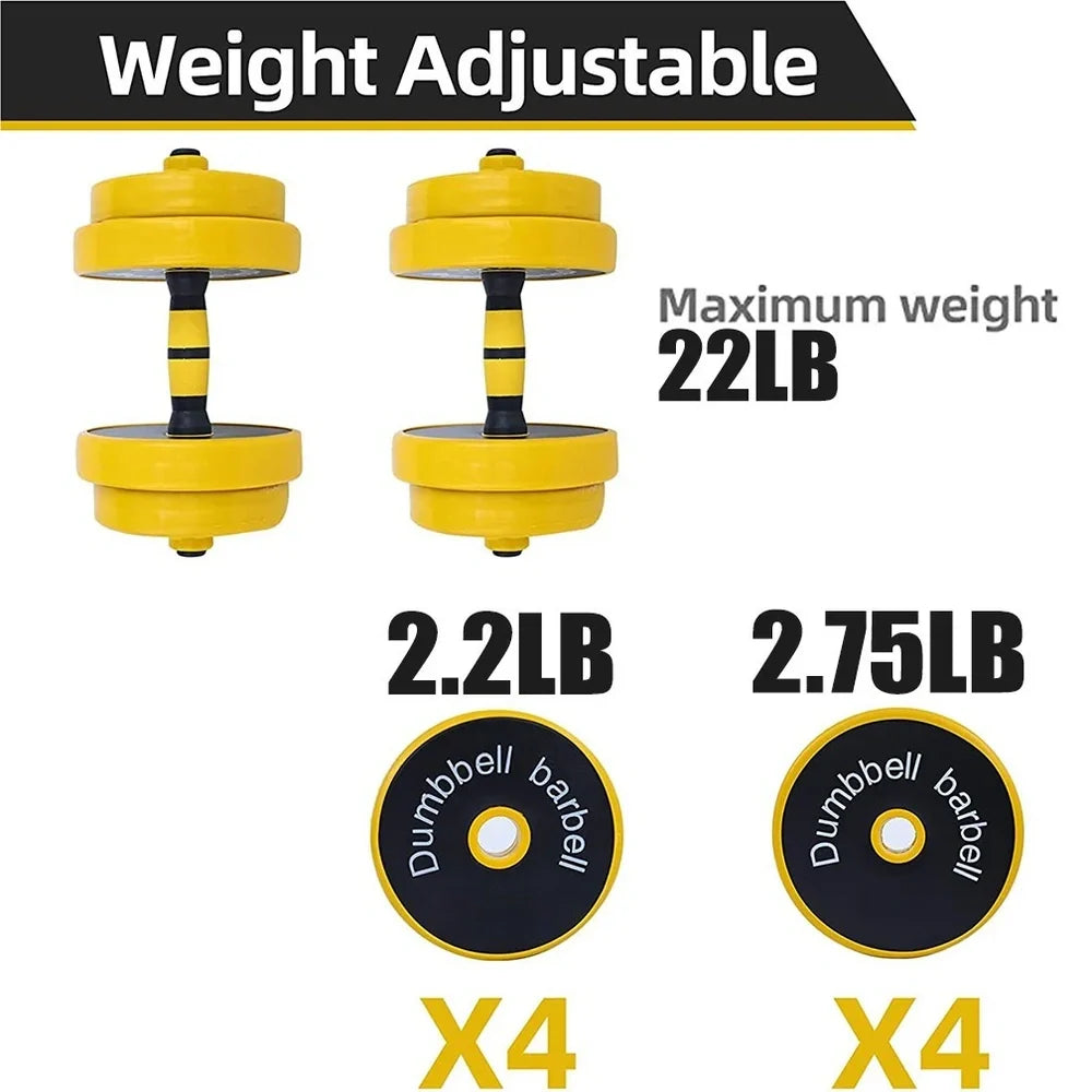 Yellow adjustable dumbbell barbell set with connecting rod and weight plates for home strength training