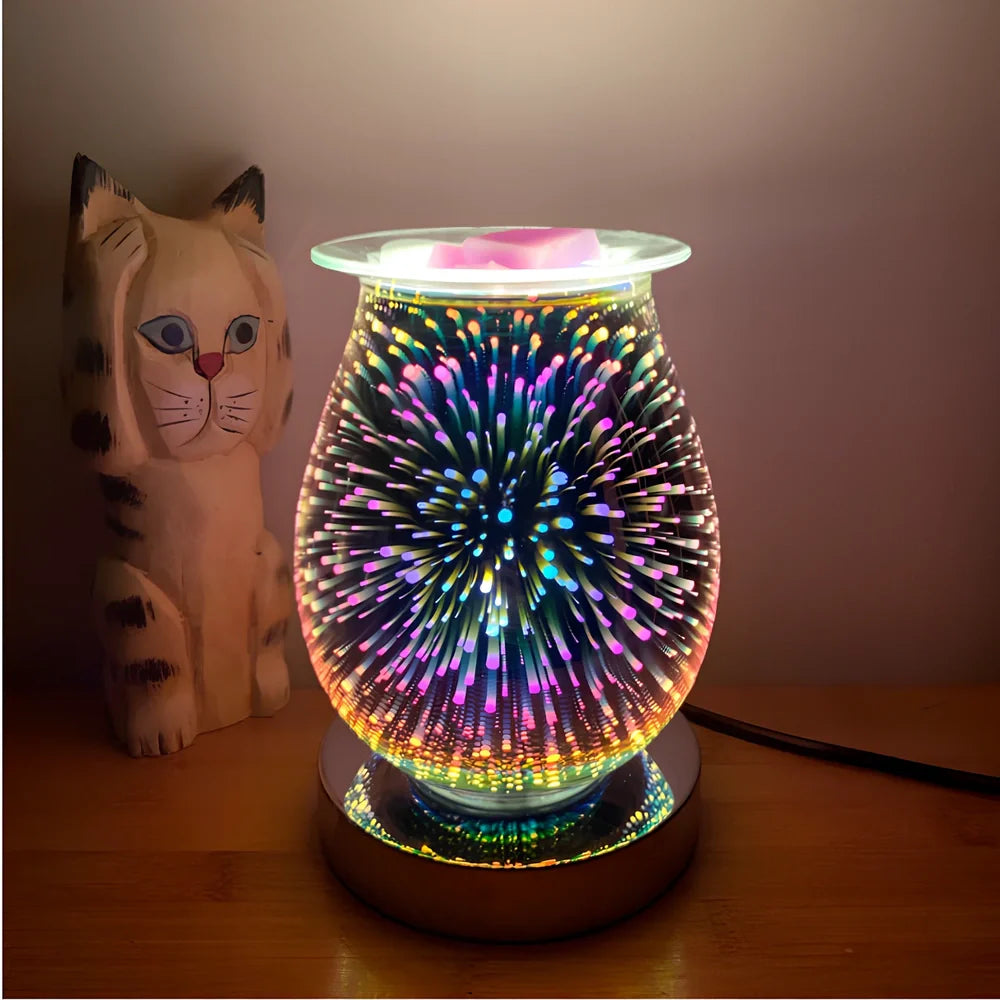Glass aromatherapy lamp with firework-coloured surface projecting light patterns, touch sensor base, 15cm height