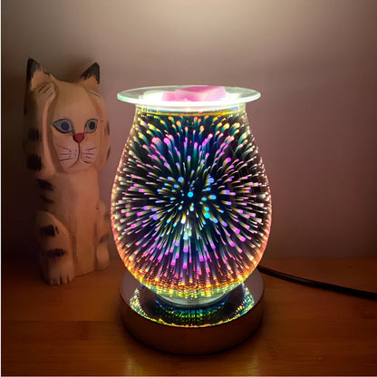 Glass aromatherapy lamp with firework-coloured surface projecting light patterns, touch sensor base, 15cm height